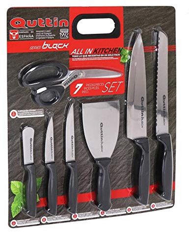 Quttin 47721 Set Cuchillos, Tijera y Espátula, Negro, 7 piezas