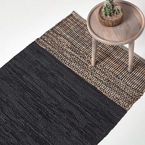 Homescapes Lederteppich schwarz-braun 120x180 cm, Teppich handgewebt mit Ethno-Muster aus recyceltem Echtleder, Flachgewebe mit natürlichem Look