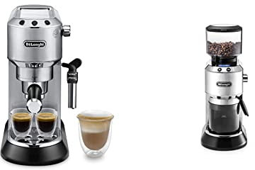 De'Longhi Dedica Style EC 685.M & KG 521.M im Set – Espresso Siebträgermaschine und elektrische Kaffeemühle, Espressomaschine mit Milchaufschäumer, Kaffeebohnen-Mühle mit LCD Display, silber