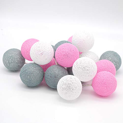 Tronje 20 LED Baumwollkugeln 6cm - 3,8m Kugel-Lichterkette 4h-Timer batteriebetrieben Lichterkugeln Pink-Grau