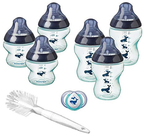 Tommee Tippee Closer to Nature® Newborn Baby Bottle Starter Set, Breast-like Teats with Anti-Colic Valve, Neutral Whale Decoration