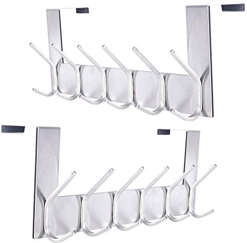 SKOLOO Crochet de porte – Pour portes jusqu'à 4,5 cm d'épaisseur, argenté, aucun assemblage requis, acier inoxydable, porte-manteau de porte pour entrée et salle de bain pour suspendre manteaux, sac à