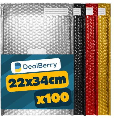100 Pack Padded Envelopes | Packaging Poly Bags | Shipping Mailer | Metallic Shipping Envelopes | Address & Return Box | Assorted Colours | Size F | 240x340mm