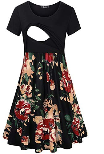 Quinee Clothes for Nursing,Womens Round Neck Short Sleeve Fashion Front Pleated Lovely Maternity Dress for Breast Feeding Casual Cotton Swing Layering Contrast Postpartum Outfit Black floral Small