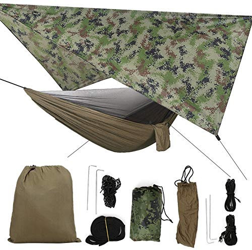 JULYKAI Hamac de moustiquaire, Ensemble de hamacs Portable, Charge maximale de 300 kg, Suitbale pour Les Voyages de randonnée en Camping(Auvent Camouflage + Hamac Vert Militaire)