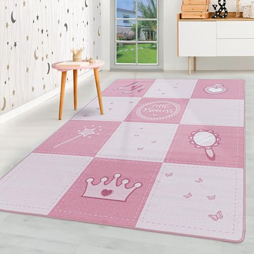 HomebyHome Kinderteppich Rosa 100x150 cm Prinzessin-Design Modern rutschfest Waschbar Pflegeleicht Extra Weich Antiallergen Babyteppich Kinderzimmer Mädchen Teppich