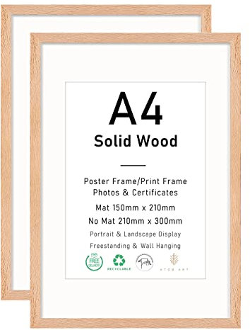 ATOBART A4 Eiche Rahmen Massives Holz Bilderrahmen,Fotorahmen Zertifikatsrahmen Wandmontage oder Tischaufsteller für Foto oder Bilder,21x30 cm,2 Stück