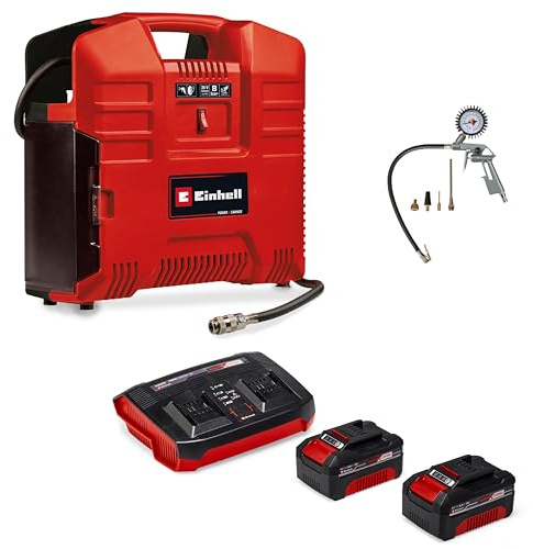 Einhell Akku-Koffer-Kompressor TE-AC 36/8 Li OF Set Power X-Change (36 V, max. 8 bar, ölfrei, Ansaugleistung 130 l/min, inkl. 3-tlg. Adapter-Set, 2x 4,0 Ah Akku und Twincharger)