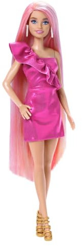 Barbie Totally Hair - Puppe mit extra Langen, frisierbaren Regenbogenhaaren und 10 Mode- und Styling-Accessoires, gepunktetes Kleid im Colorblock-Stil, für Kinder ab 3 Jahren, HKT96