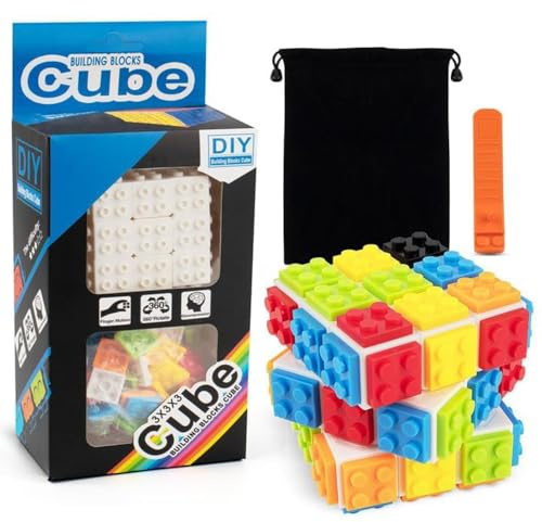 D-FantiX Bauklötze Zauberwürfel 3x3, Build-on Brick Cube 3x3x3 Speed Cube | 2-in-1 Brain Teaser Puzzle mit Stein Trennhilfe Für Lego Kinder Erwachsene Magic Cube Spielzeug Geschenke (Weiß)