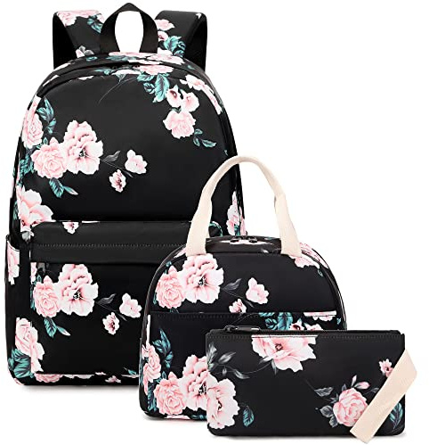Kouxunt Sac à Dos Fille Cartable Primaire College, 3 en 1 Sac à Dos Scolaire avec Sac à Lunch et Trousse (Fleurs)