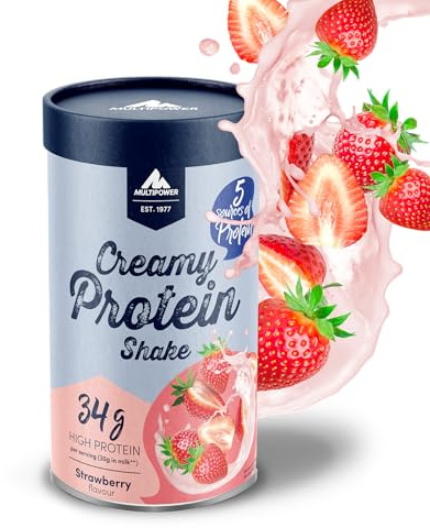 Multipower Creamy Protein Shake 420 g, hochwertiges Erdbeer Protein Pulver mit Whey und Casein, für leckere Shakes zum Muskelaufbau