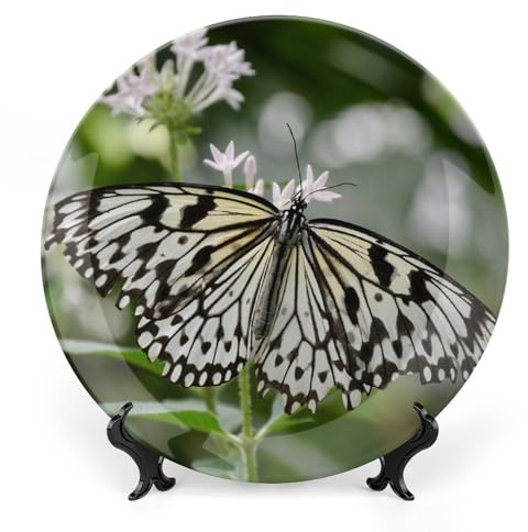 Butterfly Nature Flowers Plants Decorative Plate for Wall Ceramic Home Wobble-Plate with Display Stand Table Decor Ornament Thanksgiving Christmas Decoration Porcelain Dinner Plate Dessert Dish 7