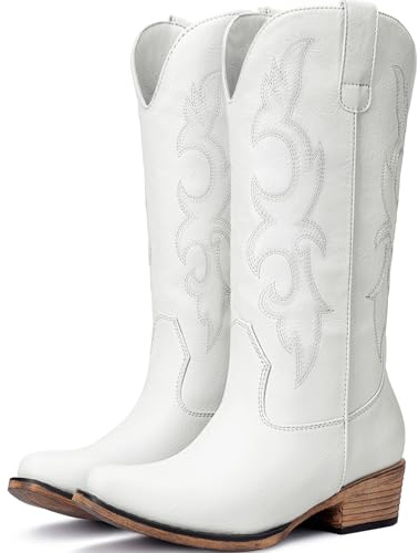 Choiran White Cowboy Boots for Women - Embroidered Cowgirl Carter Outfits Boots Western Mid Calf Cowboy Carter Fashion Chunky Heel Pointed Toe Country Boot 8