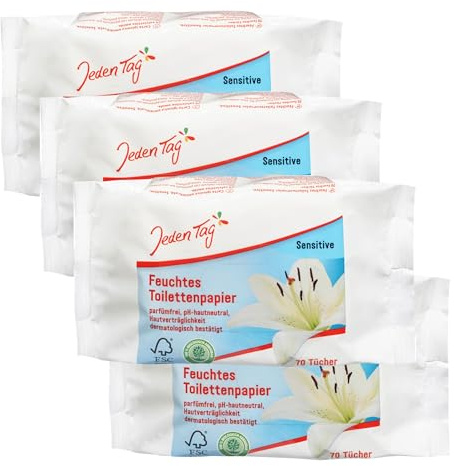 Jeden Tag Feuchtes Toilettenpapier Sensitive 70 Tücher | Parfümfrei, pH Hautneutral, 100% Biologisch abbaubar | für eine mildende und hygienische Reinigung (4er Pack)