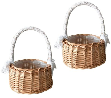 2 Pezzi Cestini Vimini con Manico in Rattan, Cesto da Matrimonio in Paglia, Cesto di Fiori per Bambini