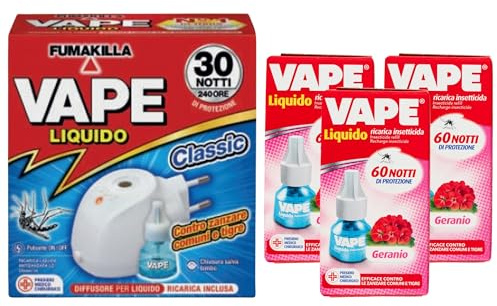 Diffusore Per Liquido Anti-Zanzare, Classic Con Ricarica Inclusa 30 Notti 15ml + 3x Liquido Magic Ricarica Insetticida, Profumazione Geranio 60 Notti