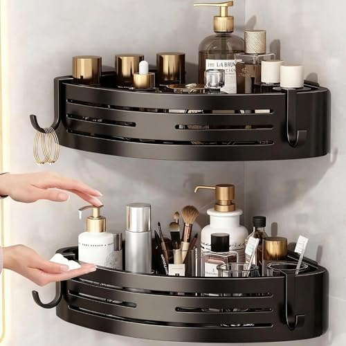 Duschablage ohne Bohren - Der perfekte Badezimmer Organizer! Eckregal für Dusche & Bad mit 4 Haken. Robustes Badregal aus Aluminium, wasserfest mit hohem Rand (Black)
