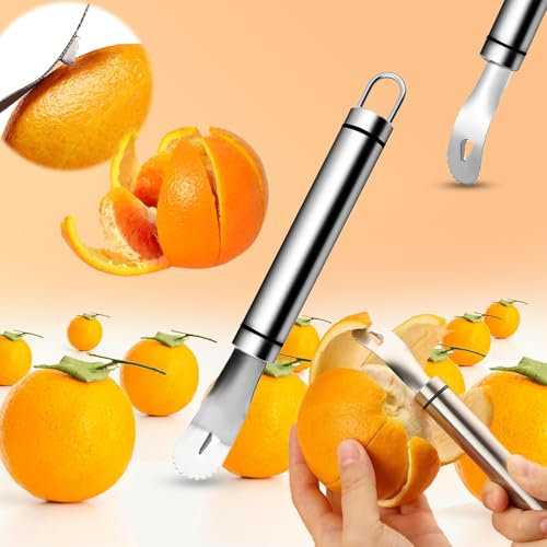 Stainless Steel Orange Peeler, Citrus Peeler Tool with Long Handle & Special Triangular-Blade & Zigzag-Shovel Orange Peeler, Silver