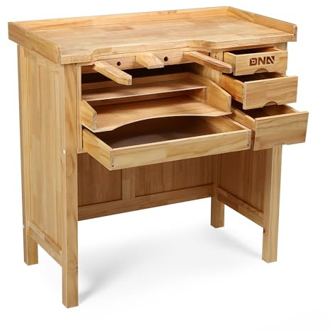 DNA Motoring Banco de Trabajo de Madera Resistente, Banco de Trabajo de Madera con 4 cajones para Taller, Garaje, con Mango Ajustable, TOOLS-00524