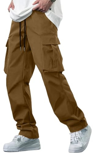YAOBAOLE Pantalons Cargo Homme Coton Pantalon de Travail avec Multi Poches Taille Elastique Cordon de Serrage