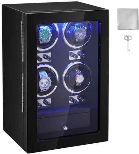 VEVOR Watch Winder, Watch Winder for 4 Men's and Women's Automatic Watches, with 4 Super Quiet Japanese Mabuchi Motors, Blue LED Light and Adapter, High-Density Board Shell and Black PU