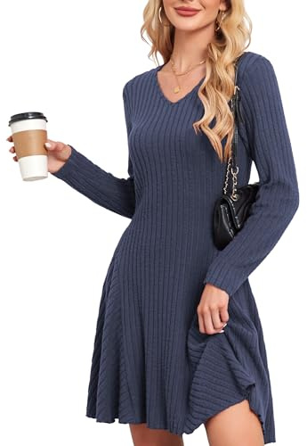SENBATU Robe tricotée Femmes Automne élégant Pullover Robe Manches Longues col en V vêtements d'hiver Bleu Marine Moyen