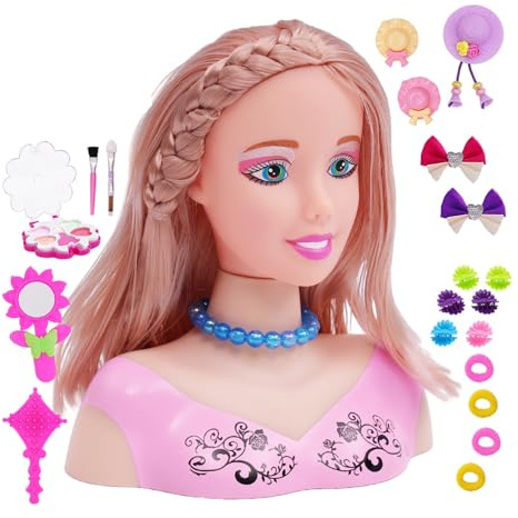 Eznaobo Poupée de maquillage pour enfants avec 23 accessoires, maquillage et coiffure pour filles de 3 à 6 ans et plus (rose)