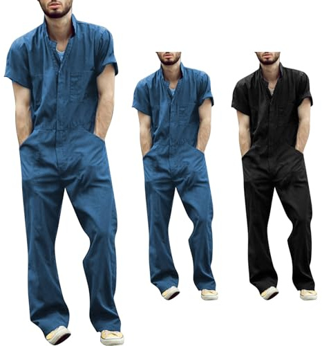 Arbeitsoverall Herren Overall Herren Arbeitskleidung Overall Arbeitsanzug Einfarbige Sommer-Overall, Kurze Ärmel, Herren-Loungewear-Set Overall Strampler Onesie Umlegekragen T-Shirt Trainingsanzug
