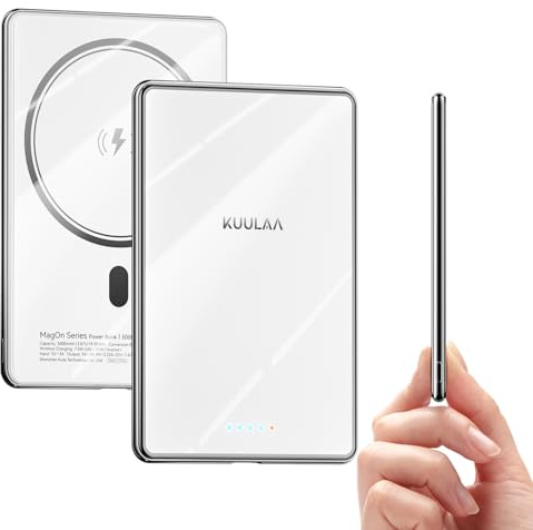 Kuulaa Batterie Externe iPhone Magsafe 5000mAh Power Bank USB C Chargeur Externe Slim 6.9 mm, PD 20W Batterie Portable Magnétique Charge Rapide Chargeur Portable pour iPhone 17-12, Miroir Blanc