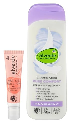 alverde NATURKOSMETIK 2er-Set Hautpflege: Nagelöl NAIL OIL ROLL-ON pflegt Nägel & Nagelhaut, leicht aufzutragen, zieht schnell ein, 15 ml + Körperlotion PURE COMFORT hautberuhigend, 250 ml (265 ml)