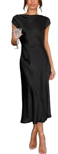LIUYUYOUGO Robe Mi-Longue en Satin pour Femme Élégante Dos Nu Manches Courtes Couleur Unie Sexy Col Bénitier Fente Latérale Fluide Robes De Soirée Cocktail Mariage Invité Noire XS