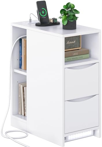 Brinlawb Nachttisch Schmal mit Ladefunktion und LED-Beleuchtung, Nachtschrank mit 3 offenen Fächern, 2 Schubladen Beistelltisch Schmal Sofatisch für Wohnzimmer, Schlafzimmer, Perfekt für kleine Ecke