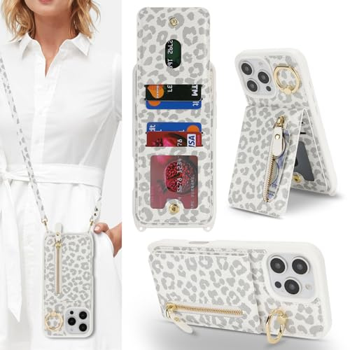 CAVOR Handykette Handyhülle kompatibel mit iPhone 16 Pro Hülle Mit Band,Flip Leder Geldborse Handytasche,[4 Kartenfach][Mit Ring][Reißverschluss],Handyhülle zum Umhängeband - Weiß Leopard
