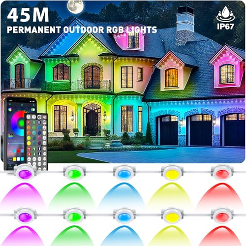 45m Permanente Außenbeleuchtung,RGB Wasserdicht LED outdoor lichterkette,Dachrandbeleuchtung mit App-Steuerung und Fernbedienung,IP 67 Lichterkette außen für Weihnachtsbeleuchtung,Party Tägliche Deko