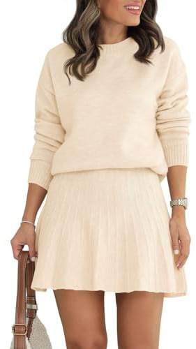 Tankaneo Womens Skirt 2 Piece Sweater Set Long Sleeve Crewneck Sweaters Pleated Mini Skirt Knit Lounge Sets