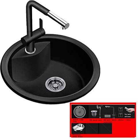 SdaryWare Lavello da Cucina Lavello Rotondo a Vasca Singola Lavello in Pietra di Quarzo Mini lavello per Posate con Rubinetto telescopico,Black-43.5 * 19.5cm