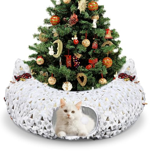 AceOrbit Katzentunnelbett mit Weihnachtsmotiv, 0,8 m x 0,8 m x 25,4 cm, unter dem Weihnachtsbaum für Innenkatzen, Weihnachten, Haustier-Donut-Tunnel, faltbar, Haustierhöhle, Spielzeug für kleine Tiere