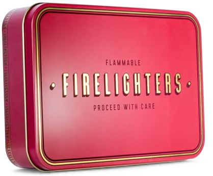 TINIT Firelighter Tin - Storage Accessory Metal Tin Natural Woodburner Fire Stove Fireplace Fireside Mens Gift Present BBQ Match Homewarming Present Kitchen Christmas | Firelighters (Gold on Burgundy)