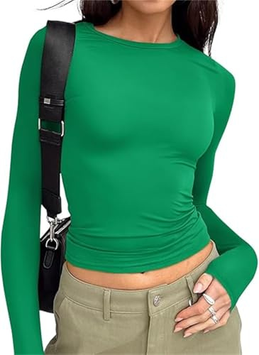 Women's Casual Crop Tops Slim Fit Top Crew Neck Long Sleeve Tight T-Shirt Basic Blouse Tee Tops(Green-10,S)