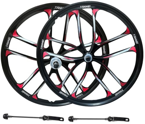 QUYCOIU Cykelhjulssats 24/26/27,5 Tum Magnesiumlegering Helgjutna Cykelhjul 10 Ekrar Fram Och Bak 100X135Mm För 6-9s Frihjul Snabbkopplingsaxlar(Black-Red,27.5in-Pair)