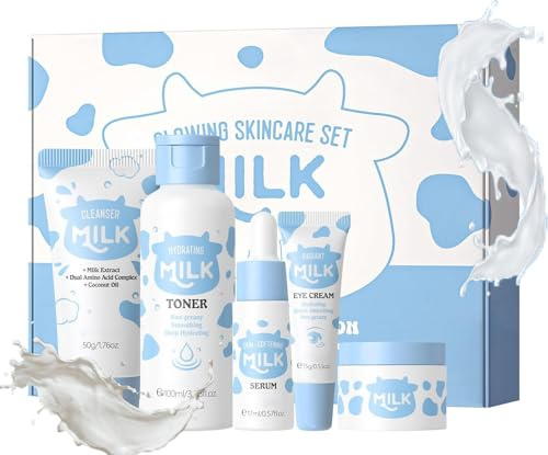 5-deligt Milk Skincare-set, mjölk ansiktsvård för tonåringar, flickor och kvinnor, koreansk hudvårdsset med ansiktskräm, ögonkräm, ansiktsserum