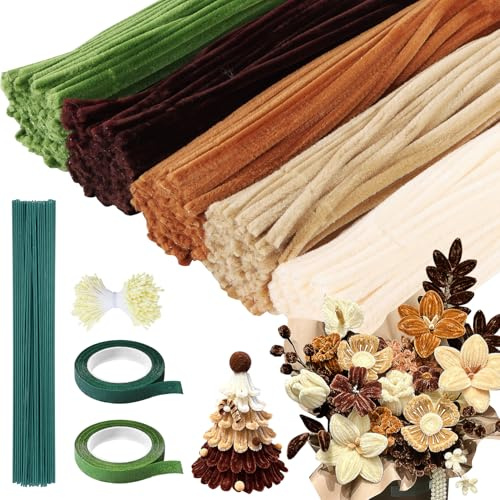 Niuny Chenille-tråd, 500 st Cure brun chenille-rör, kreativ fritid, 5 färger, rörrengörare med floratape ståndare och konstgjord blomstam för blombukett- och gör-det-själv-dekorationsmaterial