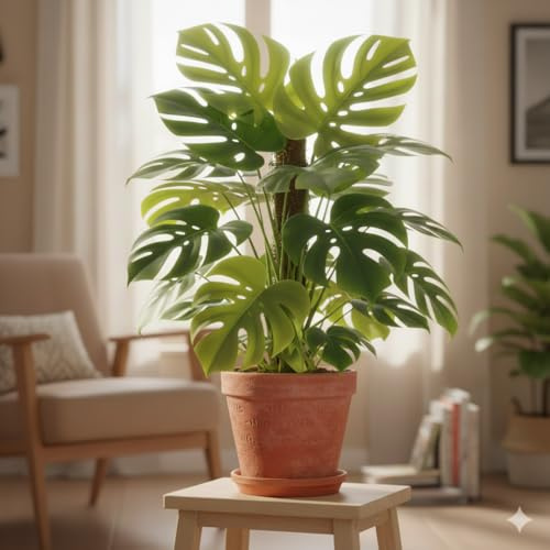 Monstera Fensterblatt Zimmerpflanze, Grün, 60-70 cm hoch, 1 Pflanze, Luftreinigend, Zimmerdekoration