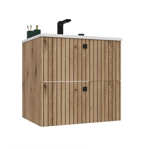 ARREDO DA CASA Mobile Bagno Sospeso 60cm con Lavabo d’Appoggio in Ceramica, Frontale Scanalato, 2 Cassetti Soft Close, Maniglie Nere, Mobiletto per Bagno, Rovere Antico MLBT4