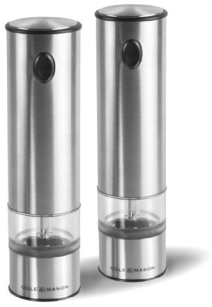 Cole & Mason Battersea Juego de Molinillo Eléctrico de Sal y Pimienta a Pilas, Grosor Ajustable, Acero Inoxidable/Acrílico, 210mm, Incluye 2 x Molinillos Electrónicos