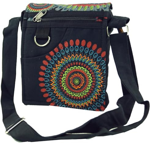 GURU SHOP Kleine Schultertasche, Hippie Tasche, Goa Tasche aus Baumwolle | Unisex, verstellbarer Schultergurt, 4 Fächer, Reißverschluss, ideal für Festivals und Alltag