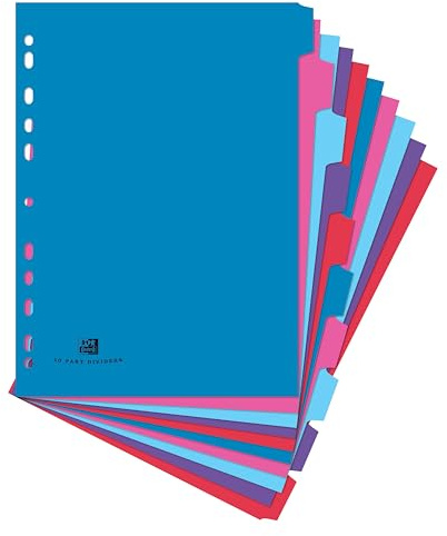 Oxford Campus A4 Size, 10 Part Divider, Multi-Coloured Card Index Dividers for Ring Binders & Lever Arch Files, School Office Filing