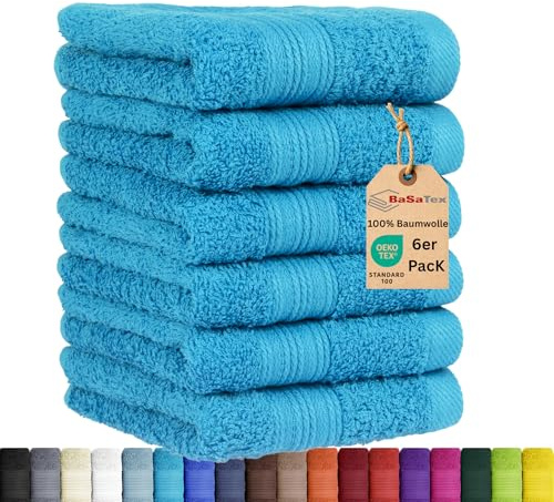 BaSaTex - 6er Pack Handtuch Set für Gäste - Handtücher mit Aufhängeschlaufe aus weicher Baumwolle in 30x50 cm - Gästetücher für die Händereinigung Öko-Tex Standard 100 Zertifiziert - Türkis