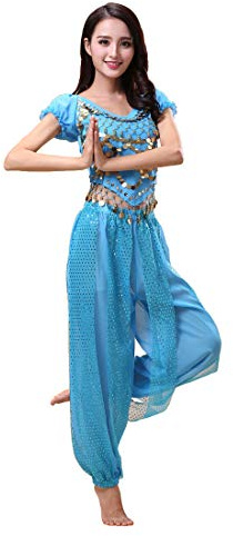 Grouptap Bollywood indian blue bharatanatyam belly dance 2-piece fancy dress costume outfit for womens girls adult dancer (150-170cm, 30-60kg) (Cyan)